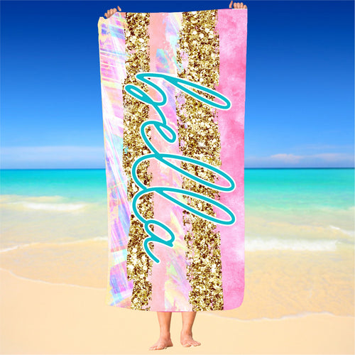 Personalized Pastel and Gold Stripes Beach Towel